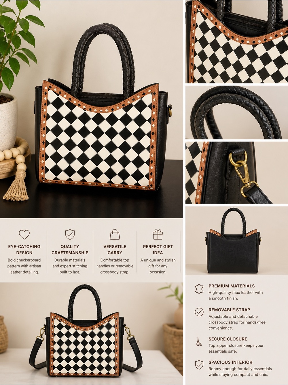 Women’s Checkerboard Top-Handle Tote Bag in Black, White & Brown